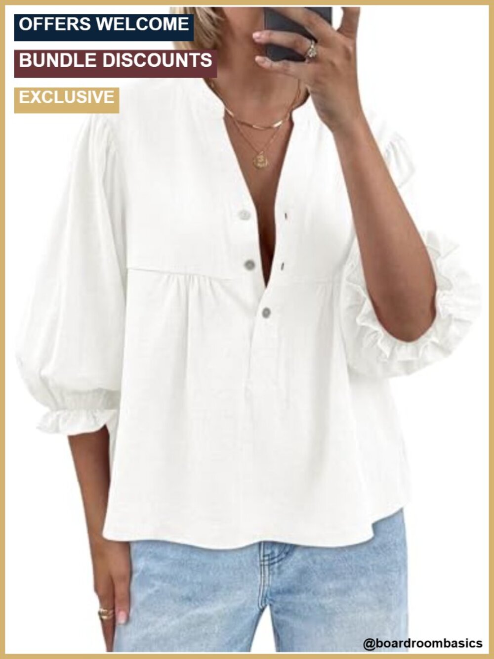 Cotton Puff Sleeve Babydoll Blouse V Neck Button Down Shirt